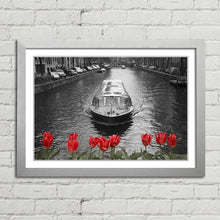 Load image into Gallery viewer, Amsterdam Canal Boat Bridge Red Tulips