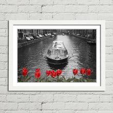 Load image into Gallery viewer, Amsterdam Canal Boat Bridge Red Tulips