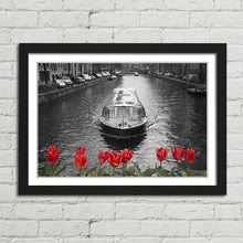 Load image into Gallery viewer, Amsterdam Canal Boat Bridge Red Tulips