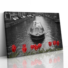 Load image into Gallery viewer, Amsterdam Canal Boat Bridge Red Tulips