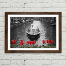 Load image into Gallery viewer, Amsterdam Canal Boat Bridge Red Tulips