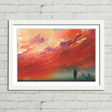 Load image into Gallery viewer, Man with Bicycle Red Sky Painting