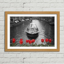 Load image into Gallery viewer, Amsterdam Canal Boat Bridge Red Tulips