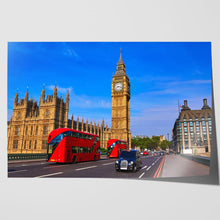 Load image into Gallery viewer, Red Bus and Black Taxi at Big Ben London