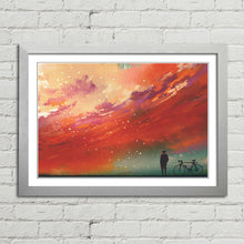 Load image into Gallery viewer, Man with Bicycle Red Sky Painting