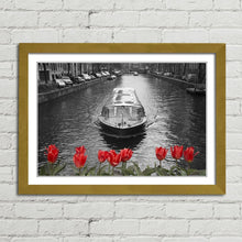 Load image into Gallery viewer, Amsterdam Canal Boat Bridge Red Tulips