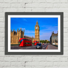 Load image into Gallery viewer, Red Bus and Black Taxi at Big Ben London