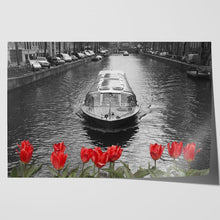 Load image into Gallery viewer, Amsterdam Canal Boat Bridge Red Tulips