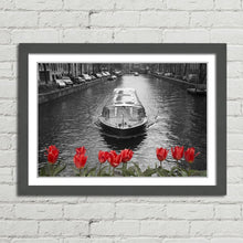 Load image into Gallery viewer, Amsterdam Canal Boat Bridge Red Tulips
