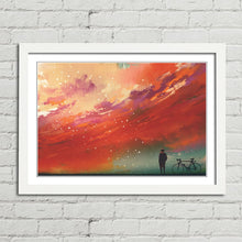 Load image into Gallery viewer, Man with Bicycle Red Sky Painting
