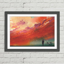 Load image into Gallery viewer, Man with Bicycle Red Sky Painting
