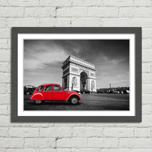 Load image into Gallery viewer, Red Citroen 2CV at Arc de Triomphe Paris
