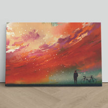 Load image into Gallery viewer, Man with Bicycle Red Sky Painting
