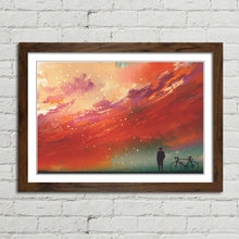 Load image into Gallery viewer, Man with Bicycle Red Sky Painting
