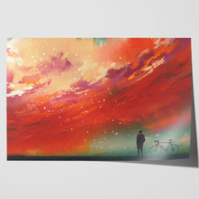 Load image into Gallery viewer, Man with Bicycle Red Sky Painting
