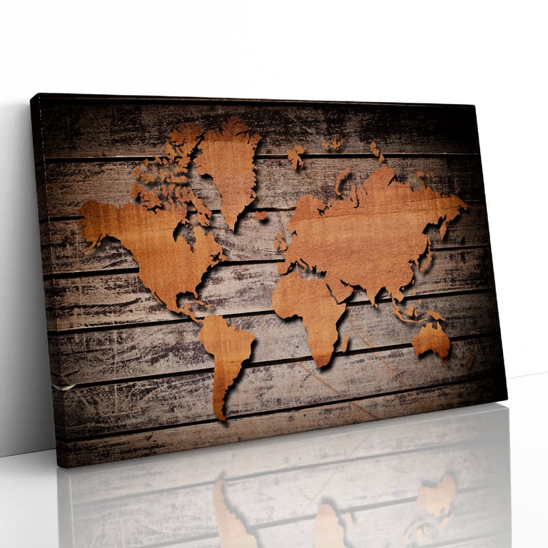 World Map Carving on Wood Plank