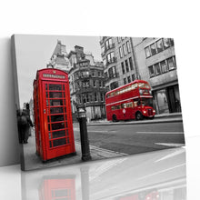 Load image into Gallery viewer, Red Bus and Telephone Box in London
