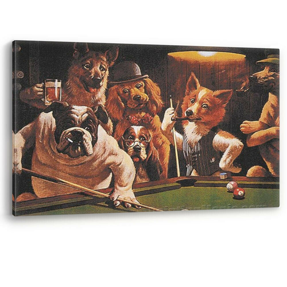 Dogs Playing Pool Vintage C.M Coolidge Canvas Wall Art Painting Picture Print