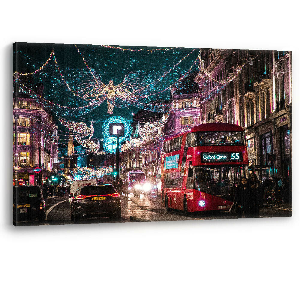 Red Bus London Christmas Oxford Circus Framed Canvas Wall Art Picture Print