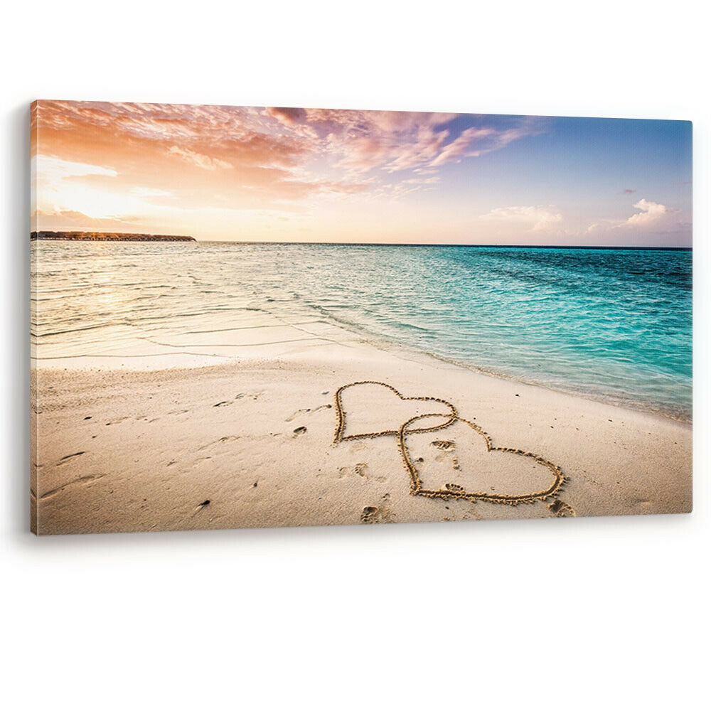 Love Hearts in the Sand Beach Premium Canvas Wall Art Picture Print