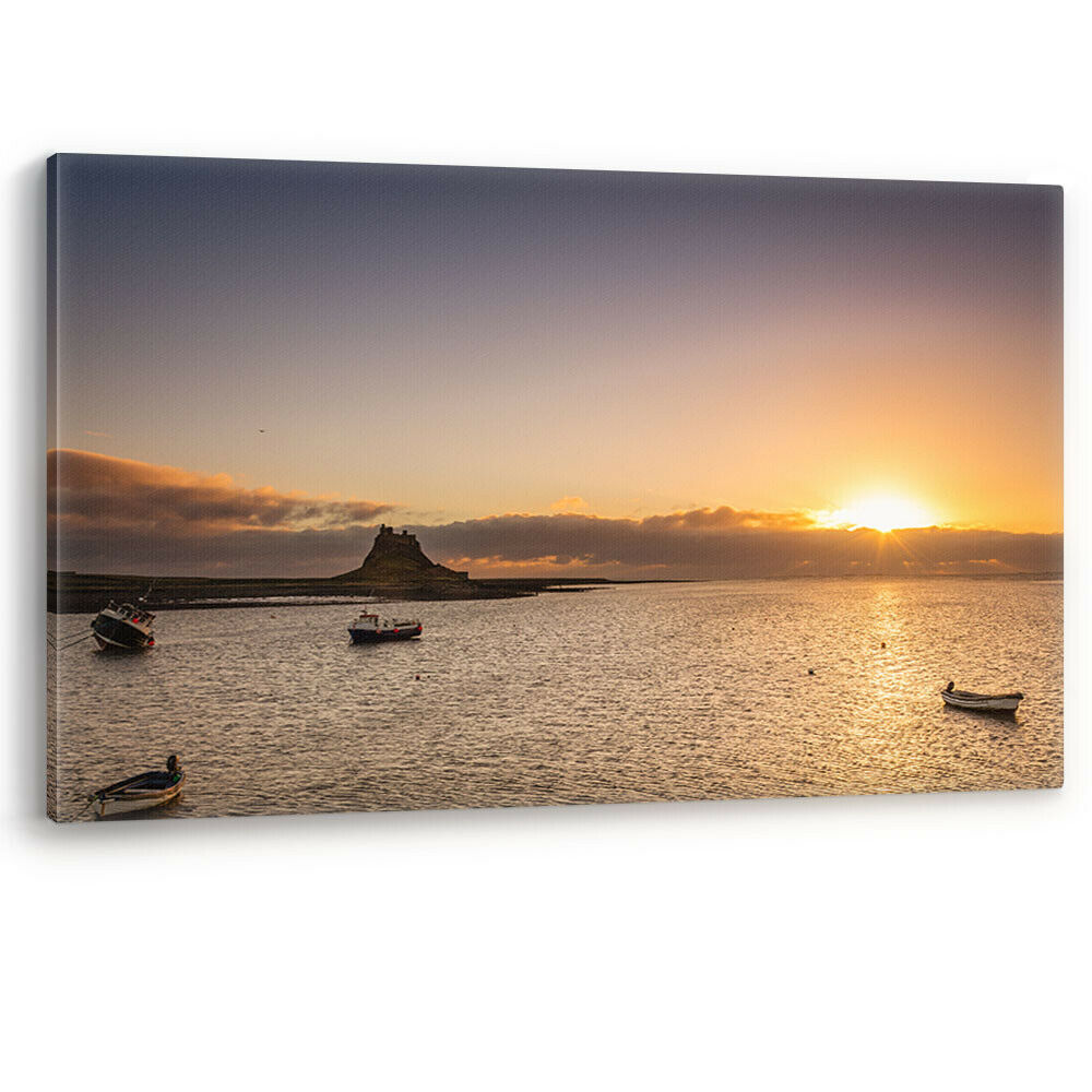 Lindisfarne Castle Holy Island Sunrise Boats Canvas Wall Art Picture Print