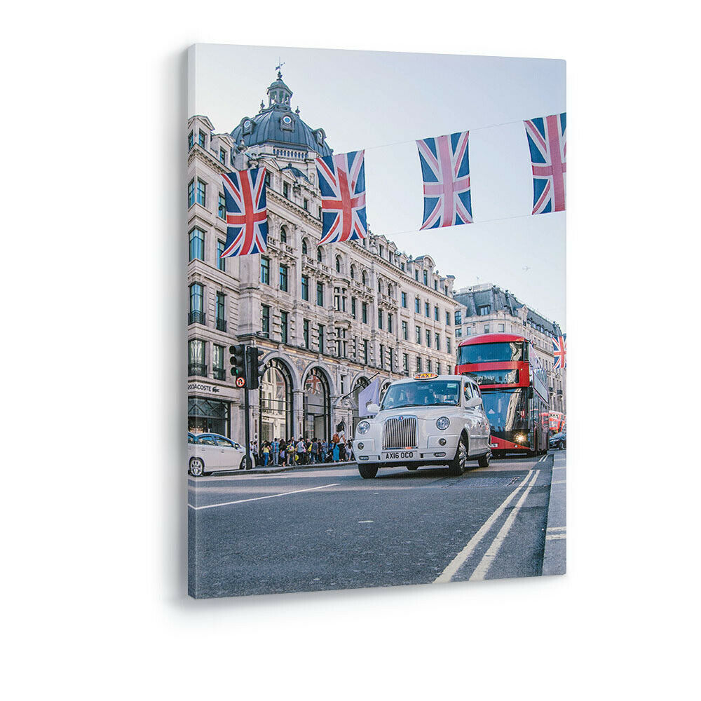 Red Bus and White Taxi Cab in London Flags Framed Canvas Wall Art Picture Print