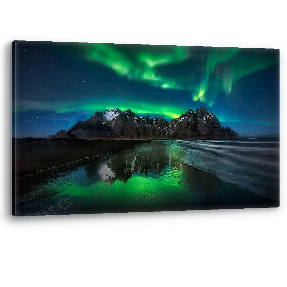 Northern Lights Green Stokksnes Iceland Framed Canvas Wall Art Picture Print