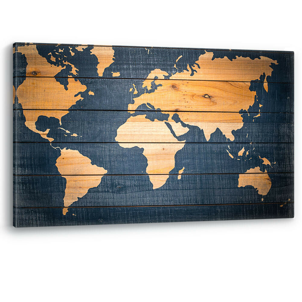 World Map Wood Effect Oceans Continents Large Canvas Wall Art Picture Print