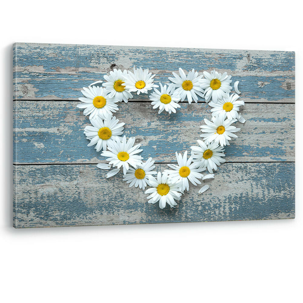 Daisy Flowers Heart Shape Wood Large Canvas Wall Art Picture Print Bathroom