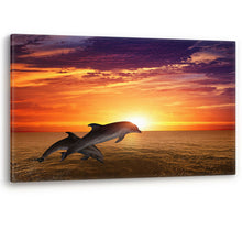 Load image into Gallery viewer, Dolphins Jumping at Sunset Sea Framed Canvas Wall Art Picture Print
