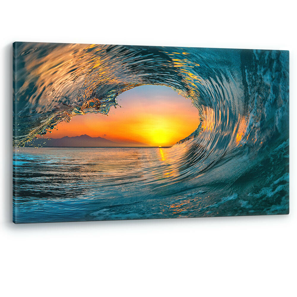 Wave Tunnel in Ocean Sea Beach Sunset Canvas Wall Art Picture Print Large Sizes