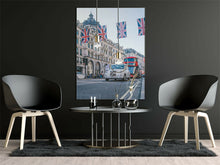 Load image into Gallery viewer, Red Bus and White Taxi Cab in London Flags Framed Canvas Wall Art Picture Print
