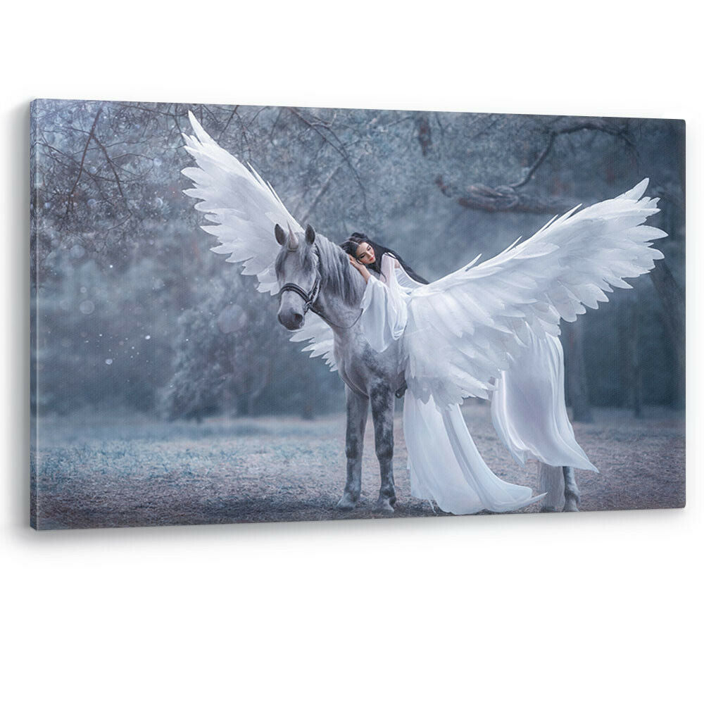 Girl on a Unicorn Canvas Wall Art Picture Print White Horse Mystical