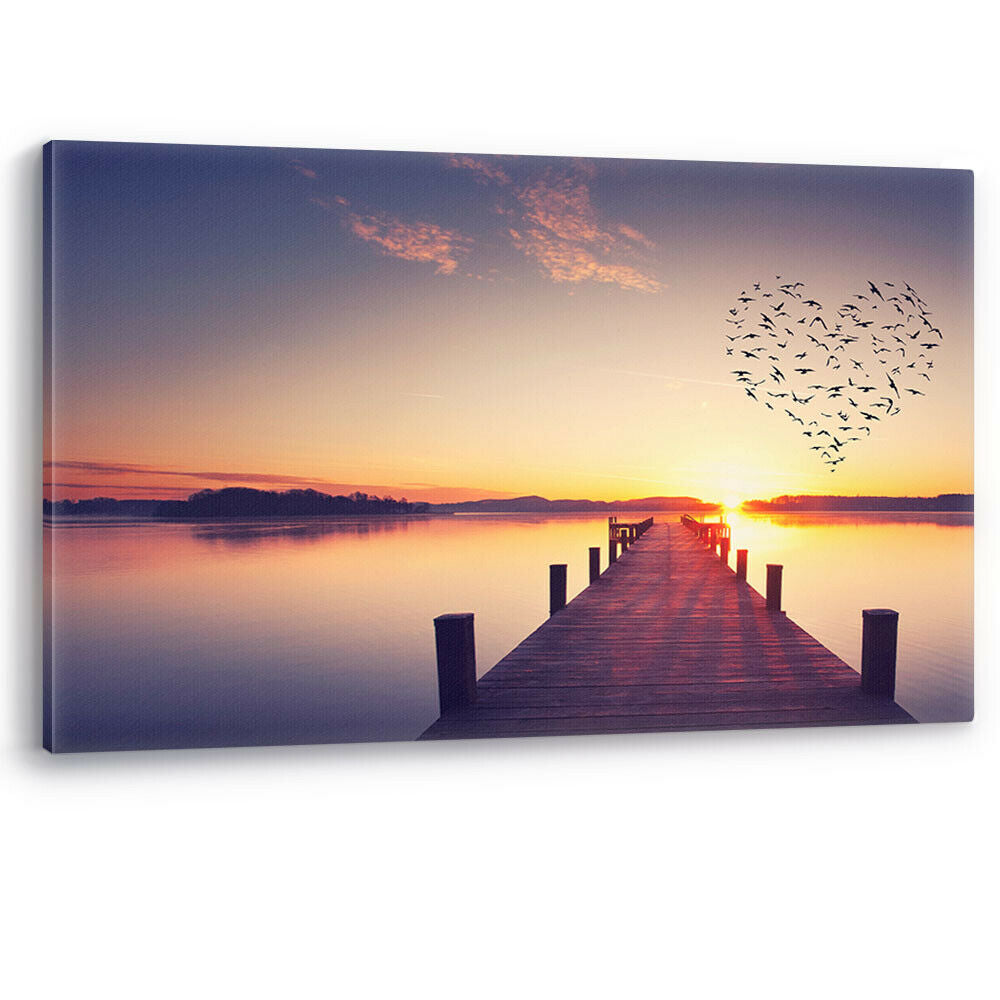 Love Birds Heart Shape Sunset Jetty Lake Large Canvas Wall Art Picture Print