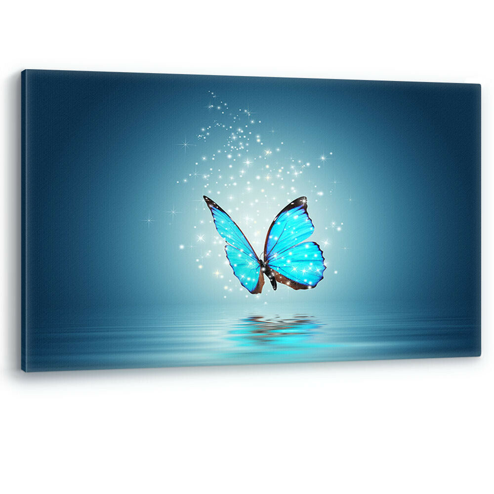 Blue Butterfly over Water Sparkling Canvas Wall Art Picture Print Large Sizes