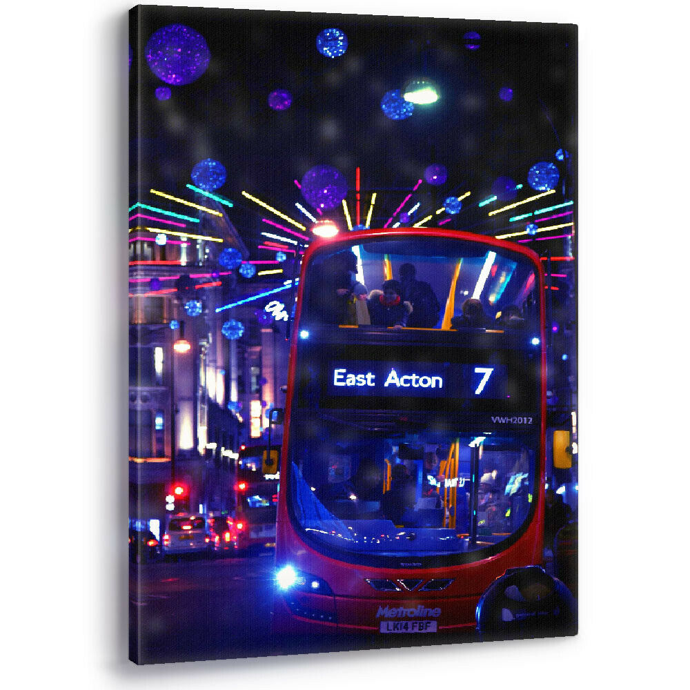 Red Bus at Night in London Vibrant Lights Framed Canvas Wall Art Picture Print